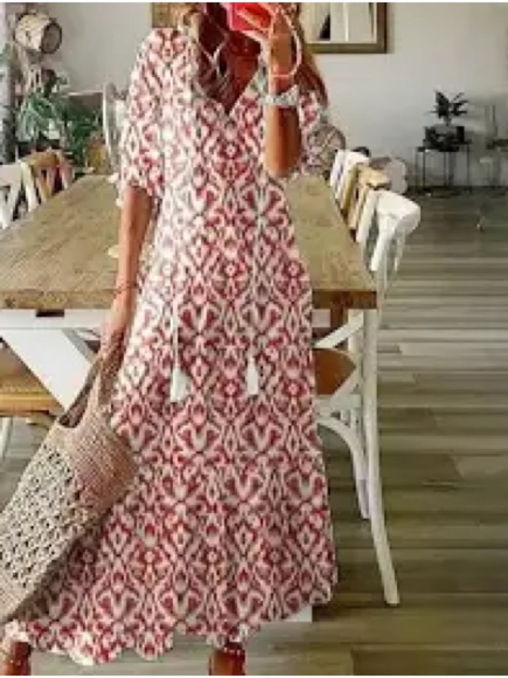 NWOT Bohemian Red Patterned Maxi Dress with V-Neck and Tassel Tie